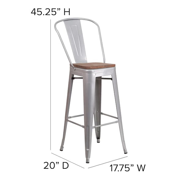 Flash Furniture Silver Metal Barstool with Back and Wood Seat, 30" High, PK4 - 4-CH-31320-30GB-SIL-WD-GG