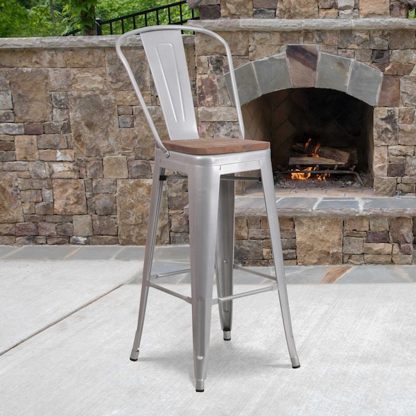 Flash Furniture Silver Metal Barstool with Back and Wood Seat, 30" High, PK4 - 4-CH-31320-30GB-SIL-WD-GG