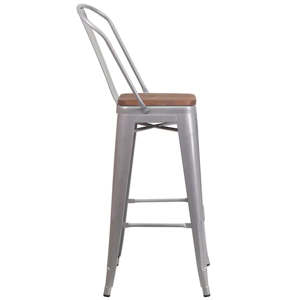 Flash Furniture Silver Metal Barstool with Back and Wood Seat, 30" High, PK4 - 4-CH-31320-30GB-SIL-WD-GG