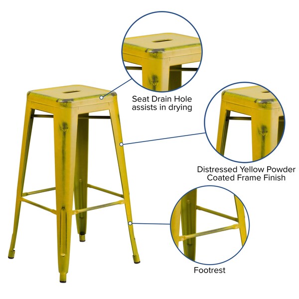 Flash Furniture 4PK 30"H Backless Distressed Yellow Metal Barstool - 4-ET-BT3503-30-YL-GG