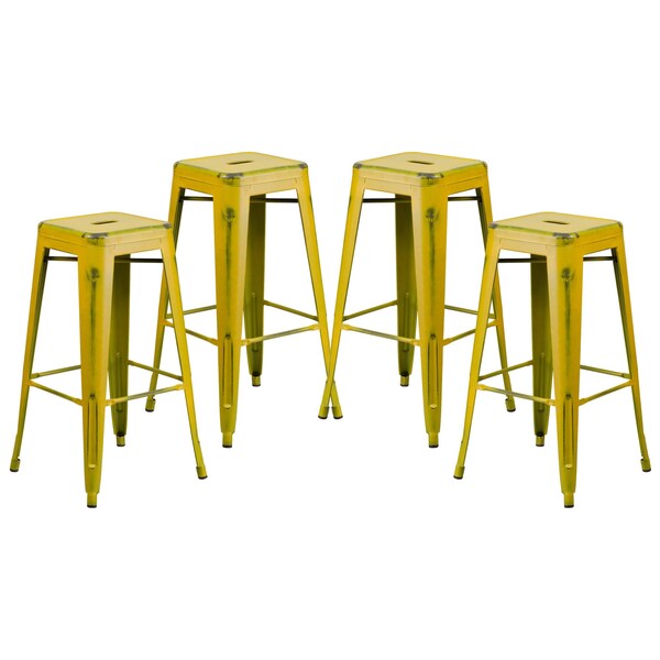 Flash Furniture 4PK 30"H Backless Distressed Yellow Metal Barstool - 4-ET-BT3503-30-YL-GG