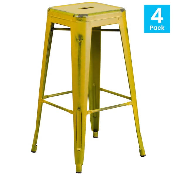 Flash Furniture 4PK 30"H Backless Distressed Yellow Metal Barstool - 4-ET-BT3503-30-YL-GG