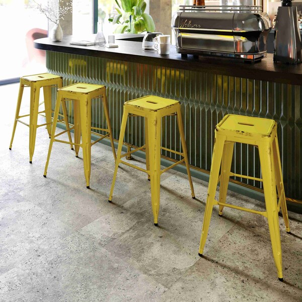Flash Furniture 4PK 30"H Backless Distressed Yellow Metal Barstool - 4-ET-BT3503-30-YL-GG