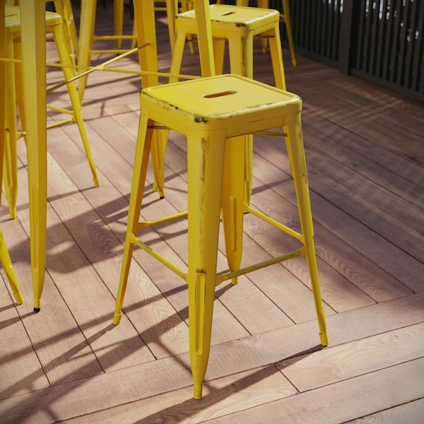 Flash Furniture 4PK 30"H Backless Distressed Yellow Metal Barstool - 4-ET-BT3503-30-YL-GG