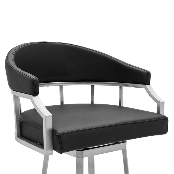 Armen Living Palmdale Swivel Modern Black Faux Leather 26" Barstool in Brushed Stainless Steel Finish - 721535752201