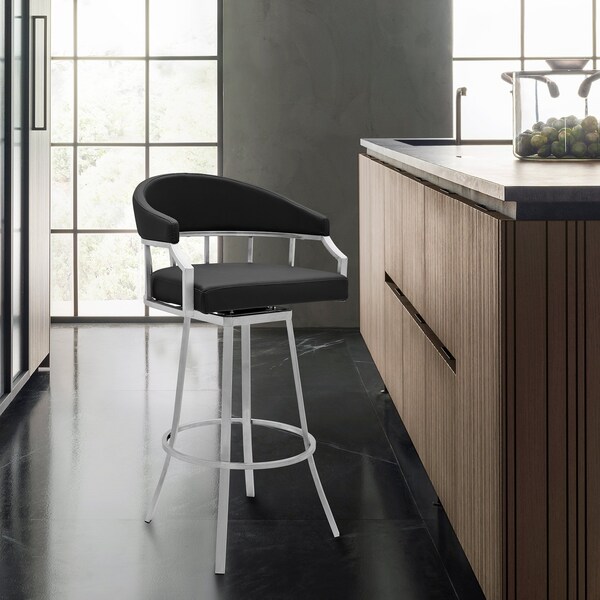 Armen Living Palmdale Swivel Modern Black Faux Leather 26" Barstool in Brushed Stainless Steel Finish - 721535752201