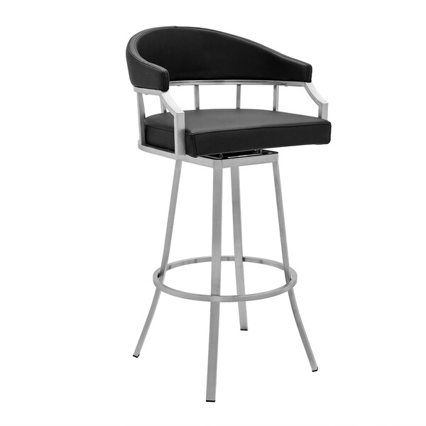 Armen Living Palmdale Swivel Modern Black Faux Leather 26" Barstool in Brushed Stainless Steel Finish - 721535752201