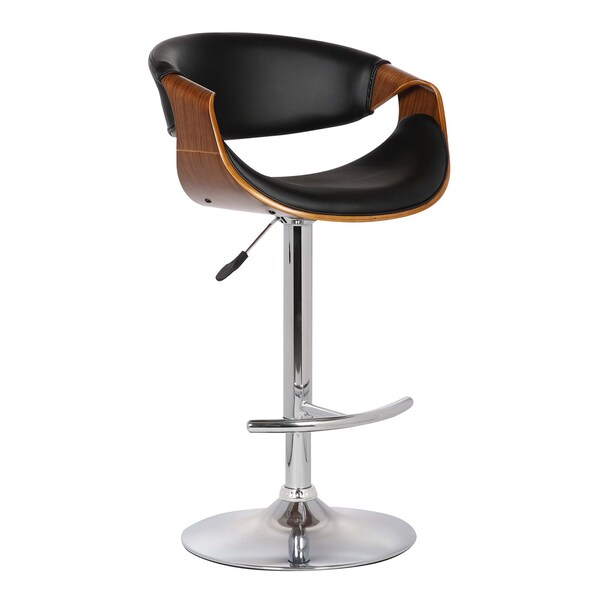 Armen Living Butterfly Adjustable Height Swivel Black Faux Leather and Walnut Wood Bar Stool with Chrome Base - LCBUBAWABL