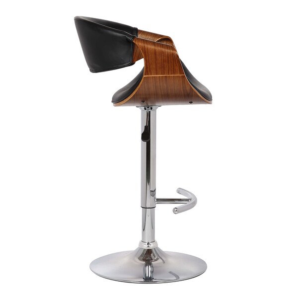 Armen Living Butterfly Adjustable Height Swivel Black Faux Leather and Walnut Wood Bar Stool with Chrome Base - LCBUBAWABL
