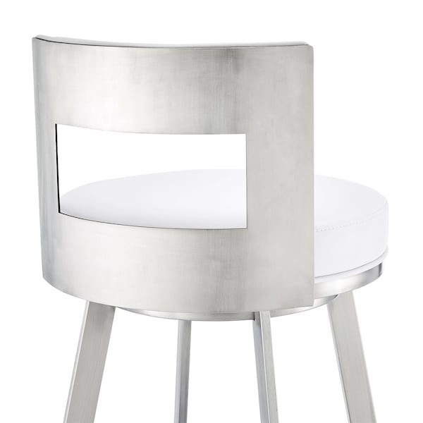 Armen Living Lynof Swivel Bar Stool in Brushed Stainless Steel with White Faux Leather - 840254335547