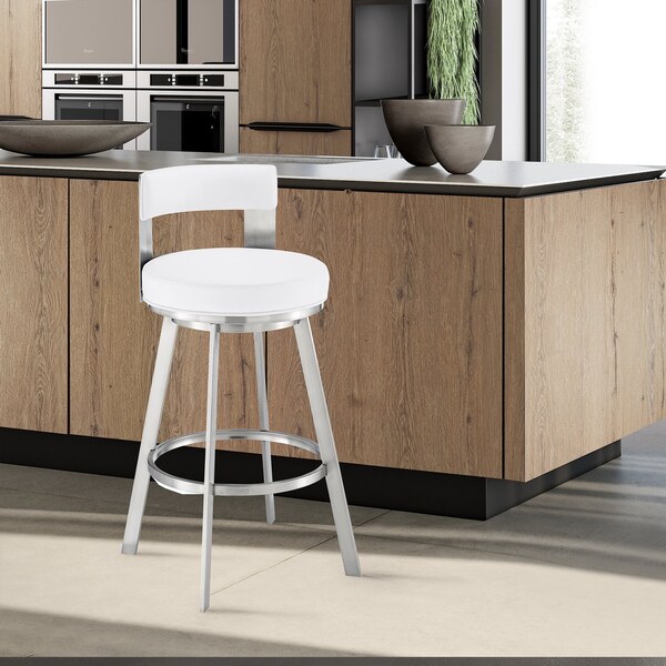 Armen Living Lynof Swivel Bar Stool in Brushed Stainless Steel with White Faux Leather - 840254335547