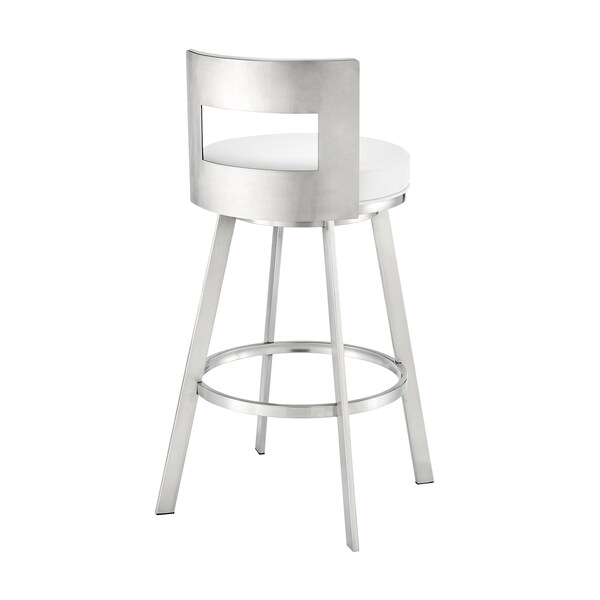 Armen Living Lynof Swivel Bar Stool in Brushed Stainless Steel with White Faux Leather - 840254335547