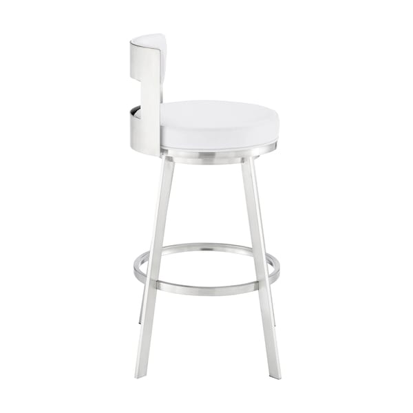 Armen Living Lynof Swivel Bar Stool in Brushed Stainless Steel with White Faux Leather - 840254335547