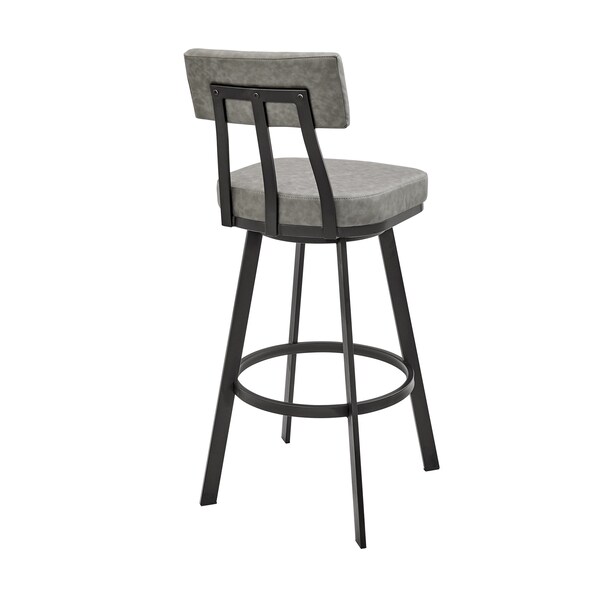 Armen Living Jinab Swivel Bar Stool in Black Metal with Gray Faux Leather - 840254335233