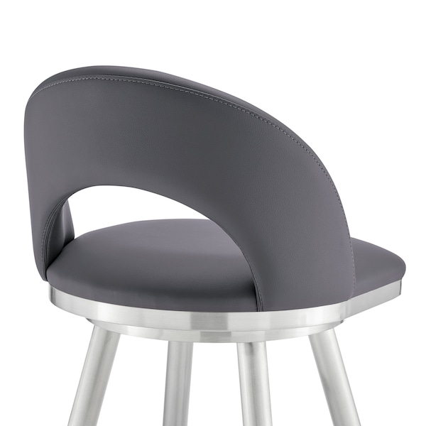 Armen Living Lottech Swivel Bar Stool in Brushed Stainless Steel with Gray Faux Leather - 840254335417