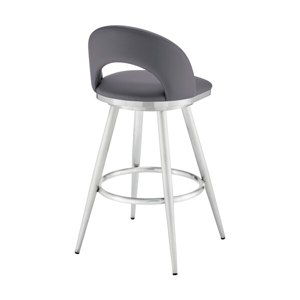 Armen Living Lottech Swivel Bar Stool in Brushed Stainless Steel with Gray Faux Leather - 840254335417
