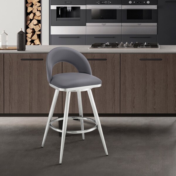 Armen Living Lottech Swivel Bar Stool in Brushed Stainless Steel with Gray Faux Leather - 840254335417