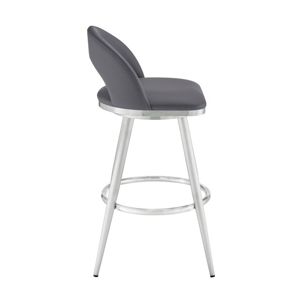 Armen Living Lottech Swivel Bar Stool in Brushed Stainless Steel with Gray Faux Leather - 840254335417