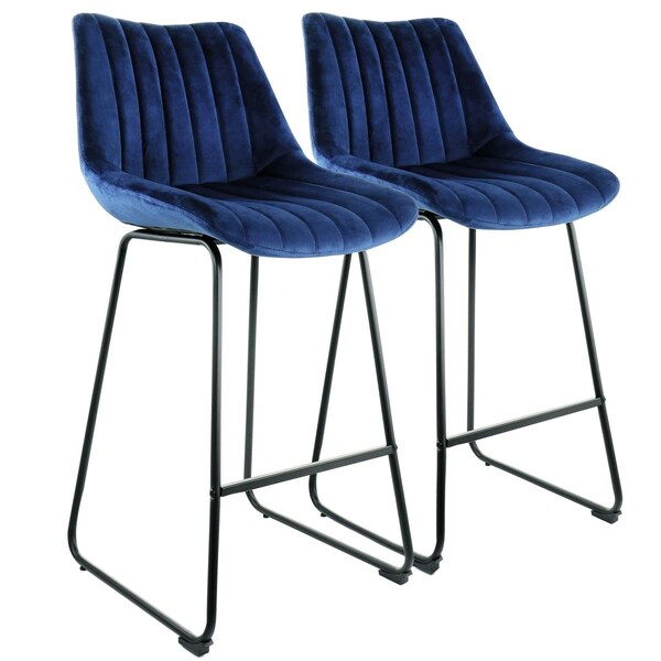 Elama Velvet Stripe Stitch Bar Chair with Metal Legs, Royal Blue - 2 Piece - ELM-222-1-BLU