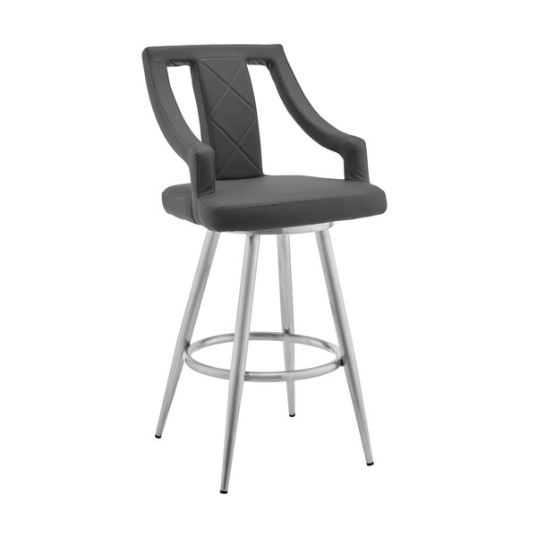 Seatsolutions 26 in. Maxen Gray Faux Leather & Brushed Stainless Steel Swivel Bar Stool - SE2757782