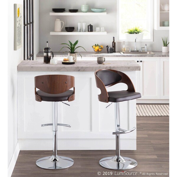 Lumisource Pino Adjustable Swivel Barstool in Walnut and Brown Faux Leather - BS-JY-PN WL+BN