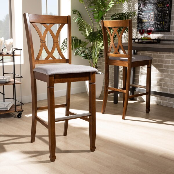 Baxton Studio Calista Grey Upholstered and Walnut Wood 2-Piece Bar Stool Set - 167-10855
