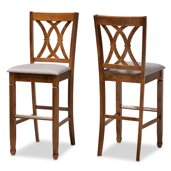 Baxton Studio Calista Grey Upholstered and Walnut Wood 2-Piece Bar Stool Set - 167-10855