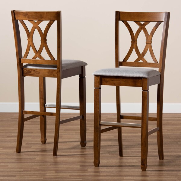 Baxton Studio Calista Grey Upholstered and Walnut Wood 2-Piece Bar Stool Set - 167-10855