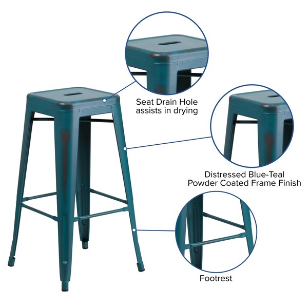 Flash Furniture 4Pack 30" High Aged Kelly Blue-Teal Metal Barstool - 4-ET-BT3503-30-KB-GG