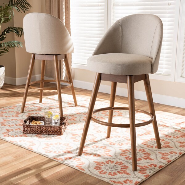 Baxton Studio Carra Beige Upholstered Walnut-Finished Wood Swivel Bar Stool, PK2 - 157-9651