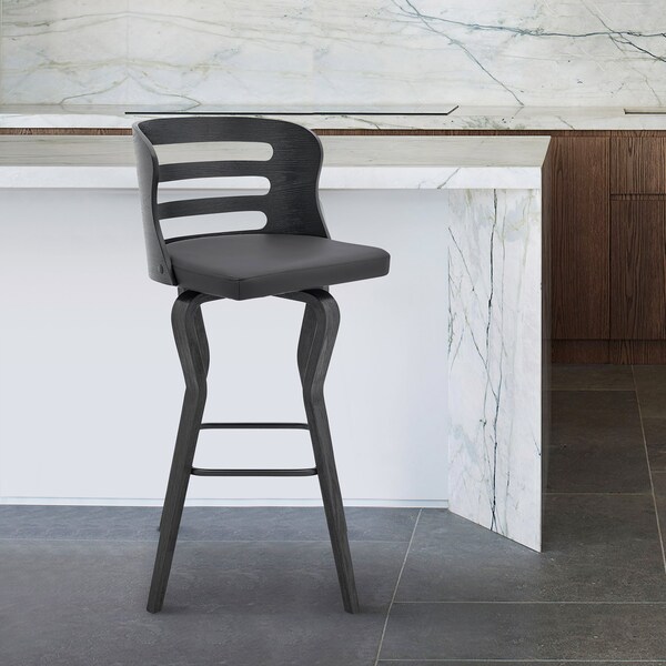 Armen Living Verne 26" Swivel Gray Faux Leather and Black Wood Bar Stool - LCVRBABLGR26