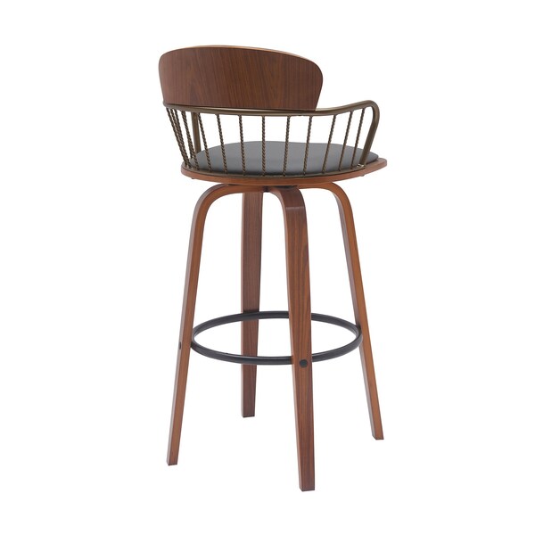 Armen Living Willow 30in Swivel Walnut Wood Bar Stool in Gray Faux Leather with Golden Bronze Metal - LCWIBAWAGRY30