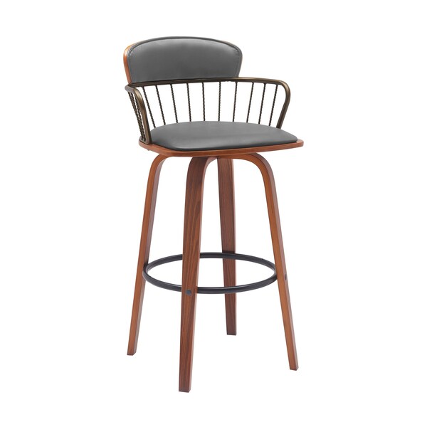 Armen Living Willow 30in Swivel Walnut Wood Bar Stool in Gray Faux Leather with Golden Bronze Metal - LCWIBAWAGRY30