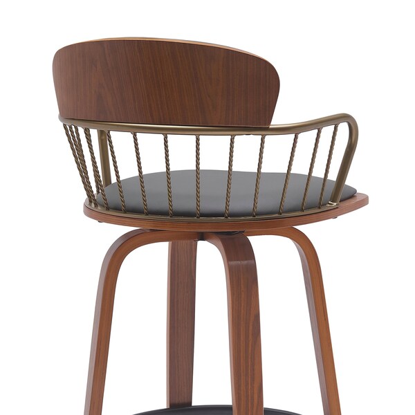Armen Living Willow 30in Swivel Walnut Wood Bar Stool in Gray Faux Leather with Golden Bronze Metal - LCWIBAWAGRY30