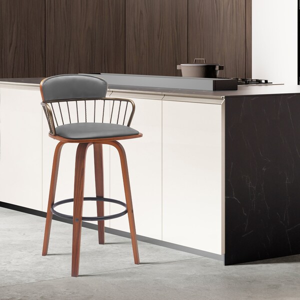 Armen Living Willow 30in Swivel Walnut Wood Bar Stool in Gray Faux Leather with Golden Bronze Metal - LCWIBAWAGRY30