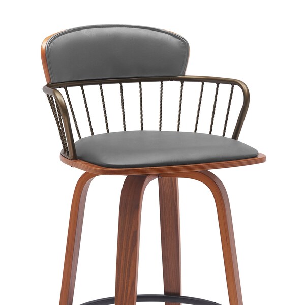 Armen Living Willow 30in Swivel Walnut Wood Bar Stool in Gray Faux Leather with Golden Bronze Metal - LCWIBAWAGRY30