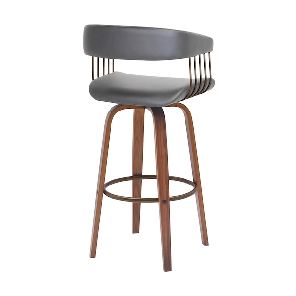 Armen Living Topanga 30.5in Swivel Walnut Wood Bar Stool in Gray Faux Leather with Golden Bronze Metal - LCTOBAWAGRY30