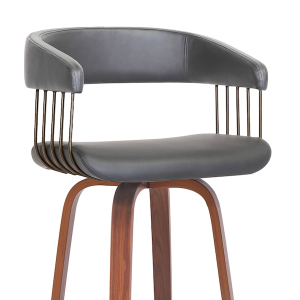 Armen Living Topanga 30.5in Swivel Walnut Wood Bar Stool in Gray Faux Leather with Golden Bronze Metal - LCTOBAWAGRY30
