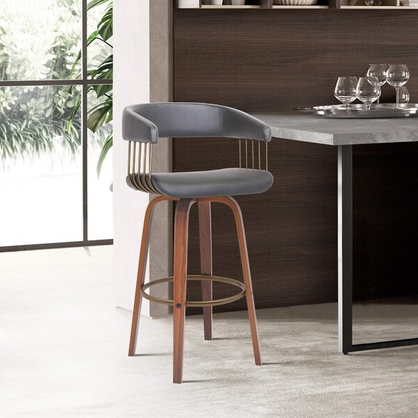Armen Living Topanga 30.5in Swivel Walnut Wood Bar Stool in Gray Faux Leather with Golden Bronze Metal - LCTOBAWAGRY30