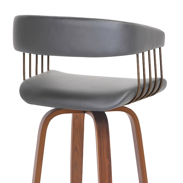 Armen Living Topanga 30.5in Swivel Walnut Wood Bar Stool in Gray Faux Leather with Golden Bronze Metal - LCTOBAWAGRY30