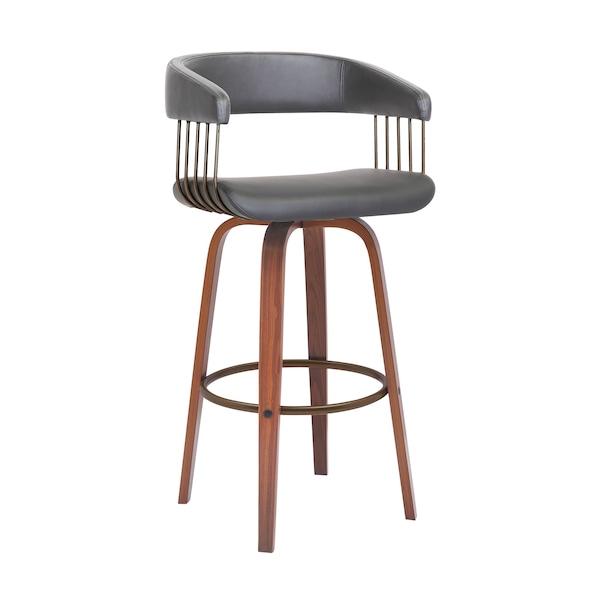 Armen Living Topanga 30.5in Swivel Walnut Wood Bar Stool in Gray Faux Leather with Golden Bronze Metal - LCTOBAWAGRY30