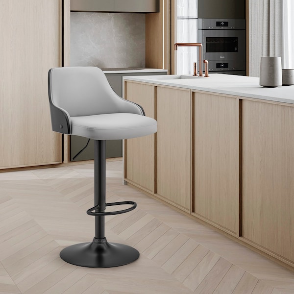 Armen Living Asher Adjustable Gray Faux Leather and Black Finish Bar Stool - LCARBABLBLGR