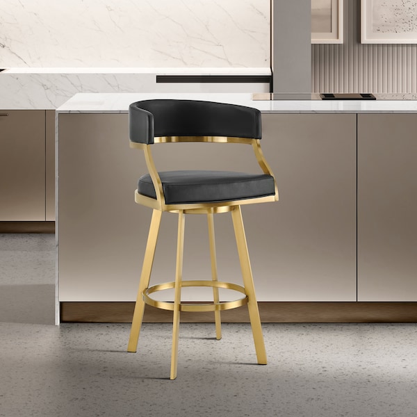 Armen Living Saturn 30in Swivel Bar Stool with Gold Brushed Stainless Steel and Black Faux Leather - LCSNSWBABGLBLK30