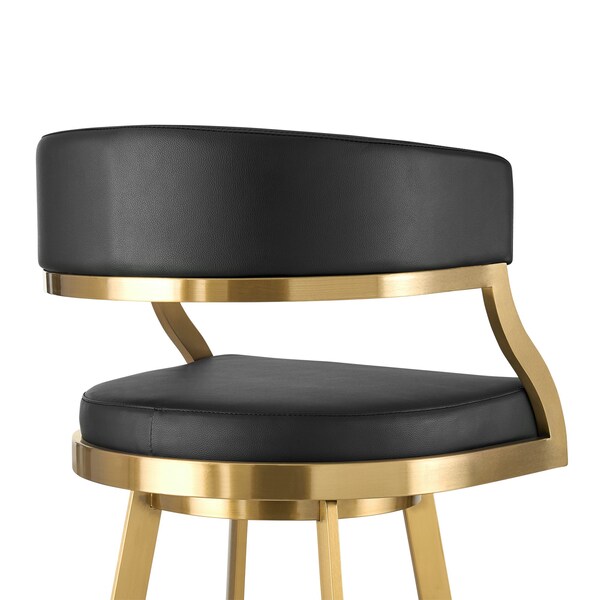 Armen Living Saturn 30in Swivel Bar Stool with Gold Brushed Stainless Steel and Black Faux Leather - LCSNSWBABGLBLK30