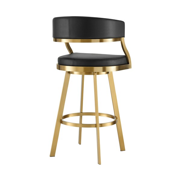 Armen Living Saturn 30in Swivel Bar Stool with Gold Brushed Stainless Steel and Black Faux Leather - LCSNSWBABGLBLK30