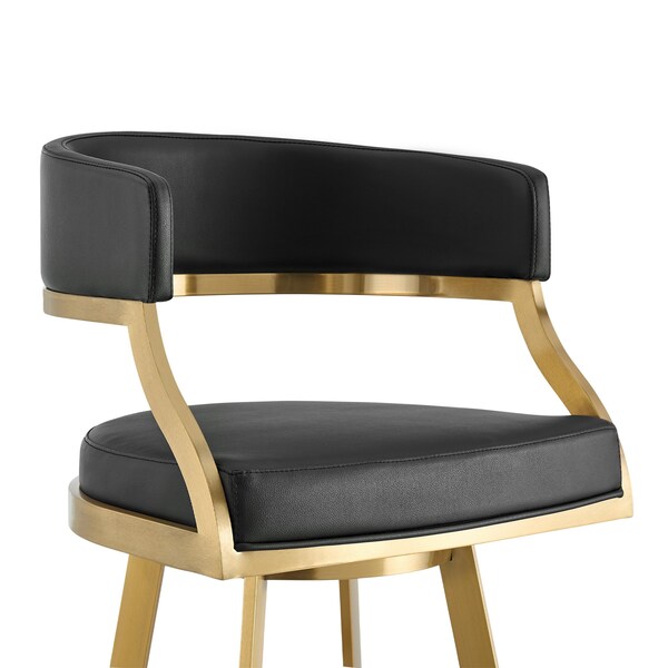 Armen Living Saturn 30in Swivel Bar Stool with Gold Brushed Stainless Steel and Black Faux Leather - LCSNSWBABGLBLK30