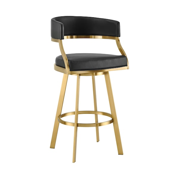 Armen Living Saturn 30in Swivel Bar Stool with Gold Brushed Stainless Steel and Black Faux Leather - LCSNSWBABGLBLK30