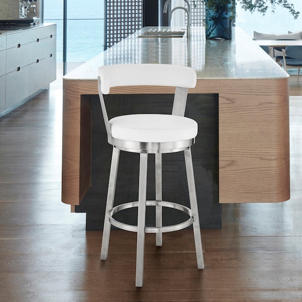 Armen Living Bryant 30" Bar Height Swivel Bar Stool in Brushed Stainless Steel Finish and White Faux Leather - LCBYBABSWH30