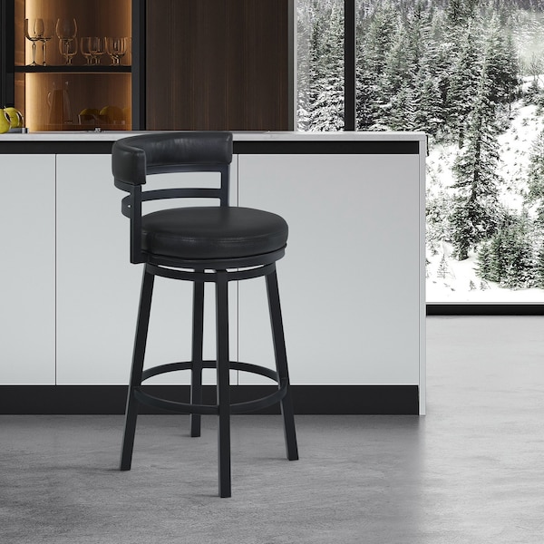 Armen Living Titana 30" Bar Height Metal Swivel Barstool in Ford Black Pu and Black Finish - 721535746910