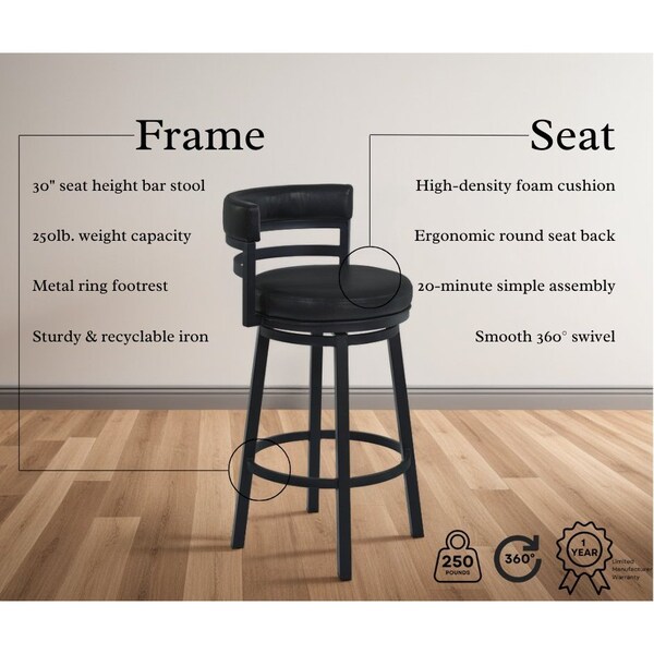 Armen Living Titana 30" Bar Height Metal Swivel Barstool in Ford Black Pu and Black Finish - 721535746910